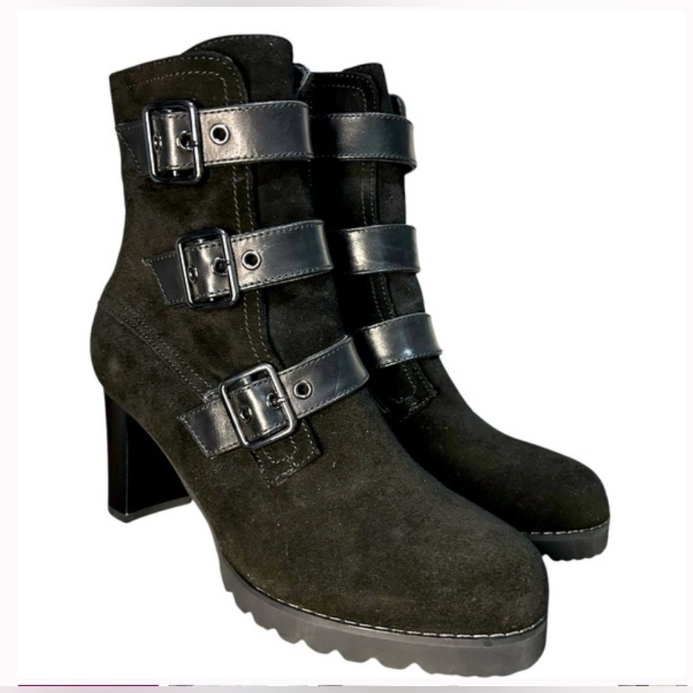 BLONDO Women’s Black Riple Waterproof Bootie Buckle High Heel Suede Leather - 8